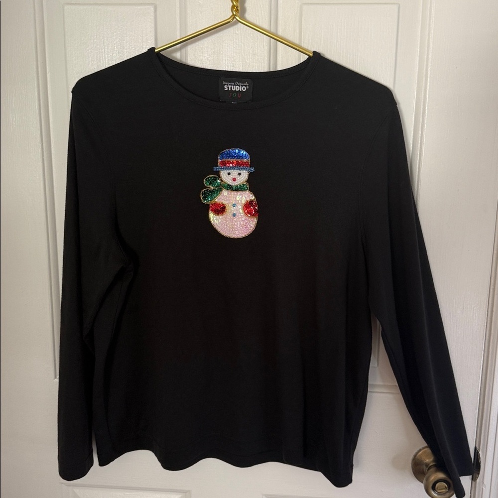 Studio Black Shirt with Festive Sequins & Beaded Snowman, Festive, Holiday